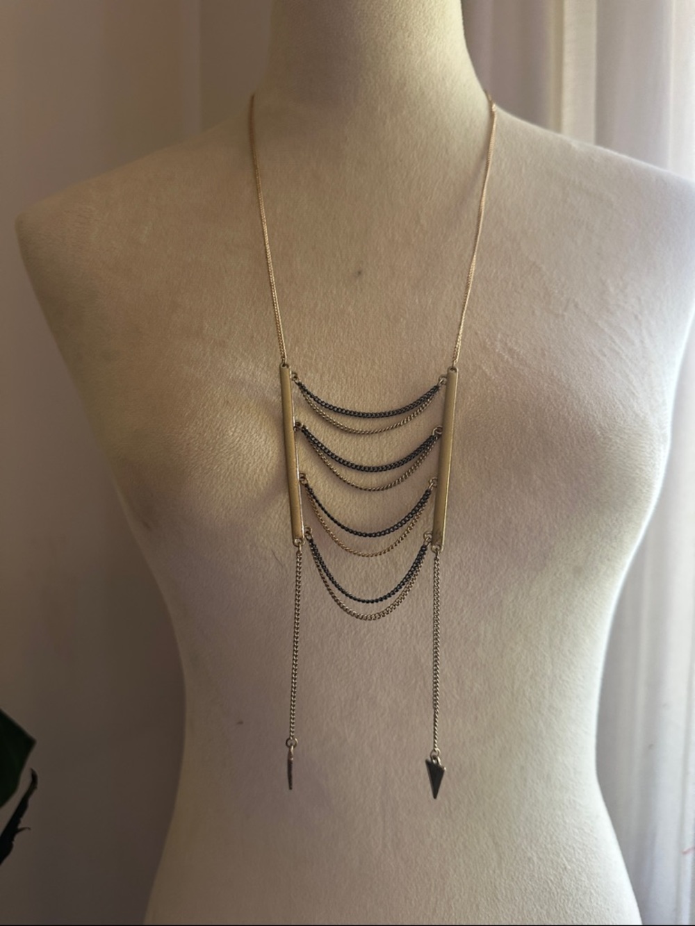 Layered Mixed Metal Gold and Black Chain Ladder Drop Necklace - Women Jewelry